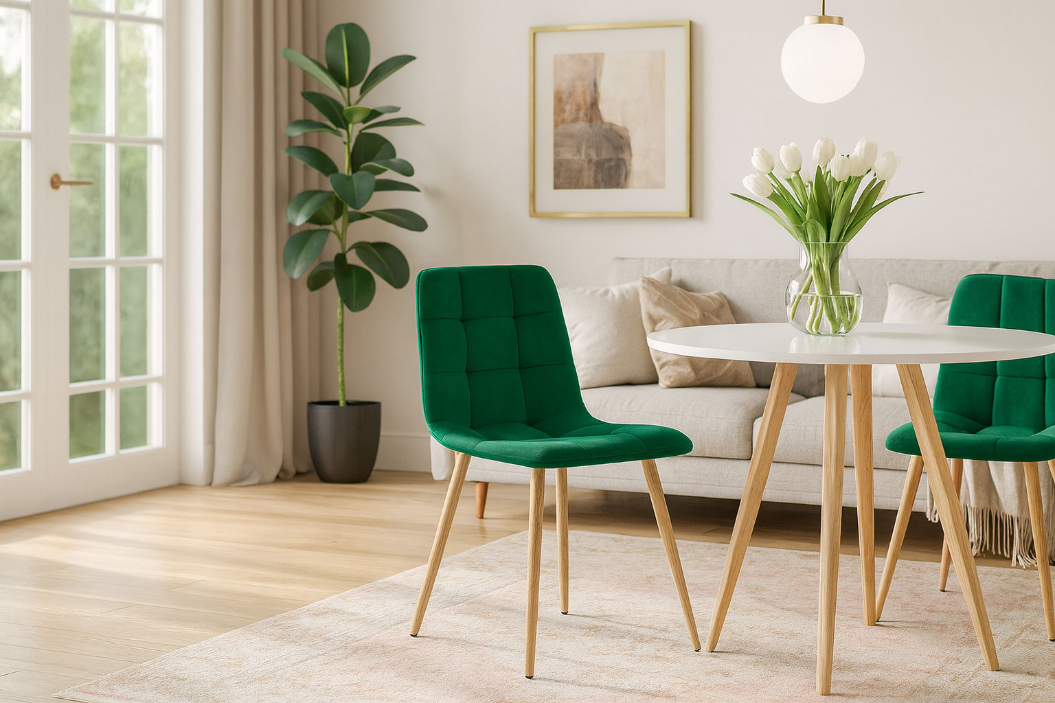 Salon z wykorzystaniem ciemnozielonego krzesła welurowego Besti 3X