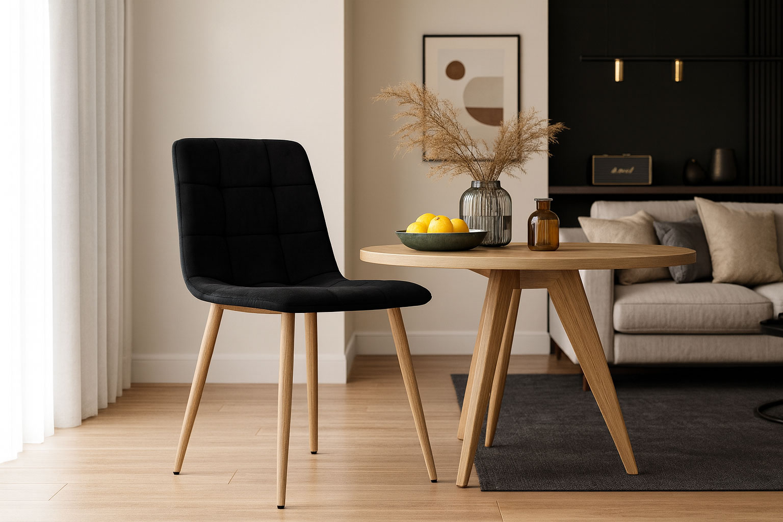 Wnętrze z wykorzystaniem czarnego krzesła welurowego Besti 3X