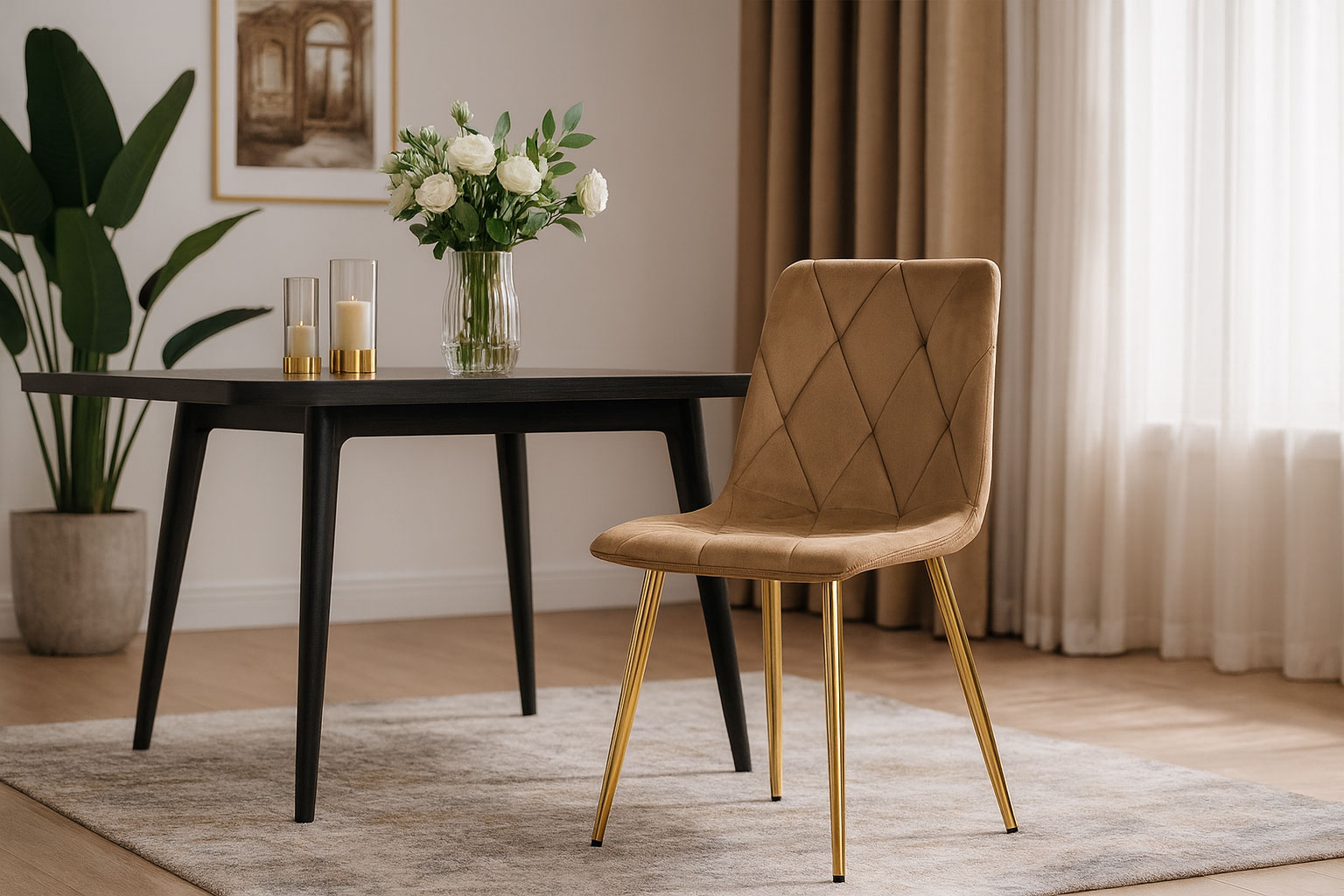 Salon z wykorzystaniem welurowego brazowego krzesła na złotych nogach Zeloti