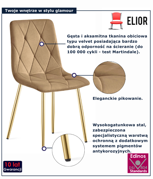 Brązowe pikowane krzesło welurowe glamour Zeloti