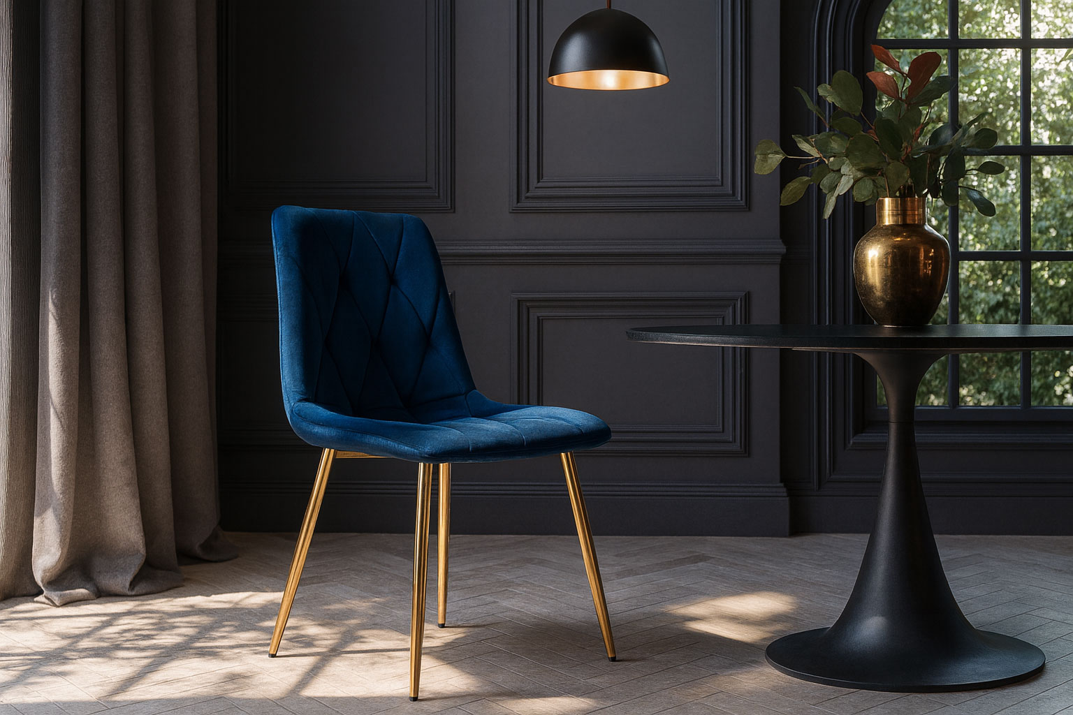 Przykładowa aranżacja z wykorzystaniem granatowych krzeseł glamour Zeloti