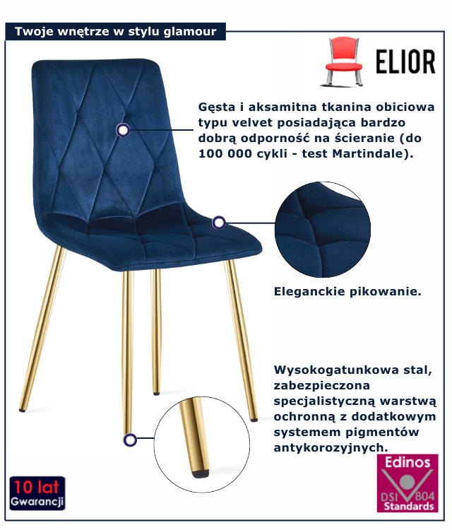 Granatowe metalowe krzesło welurowe glamour Zeloti