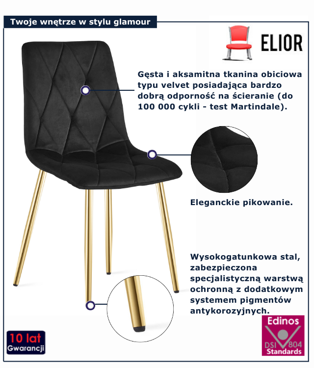 Czarne metalowe krzesło pikowane glamour Zeloti