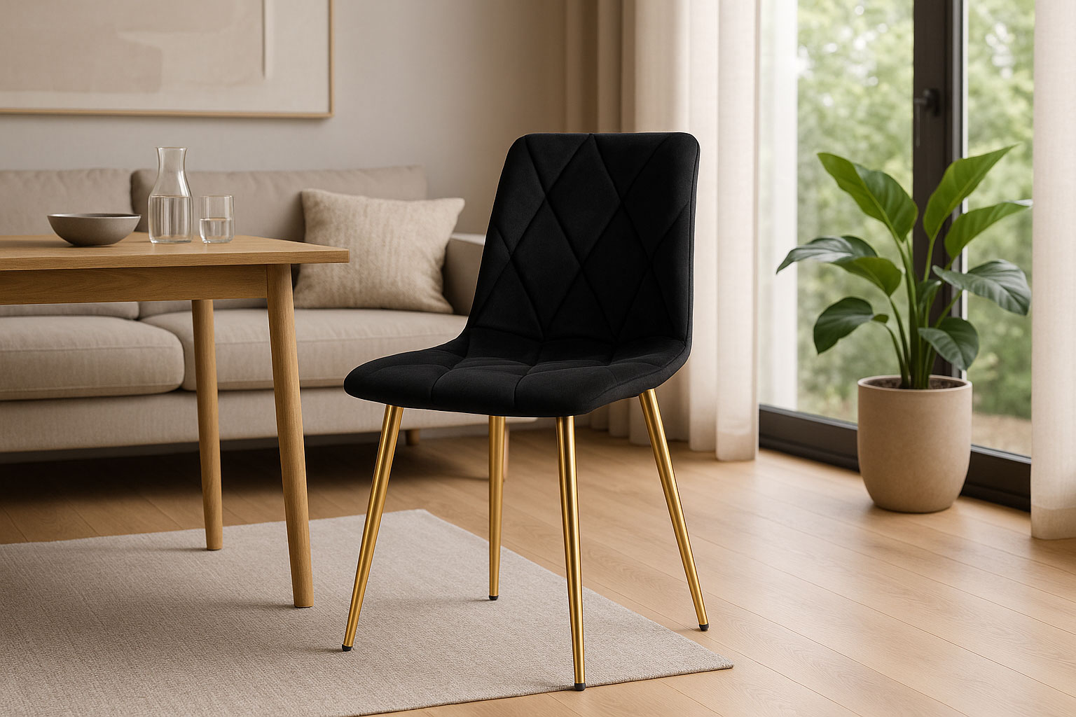 Salon z czarnym welurowym krzesłem ze złotymi nogami Zeloti