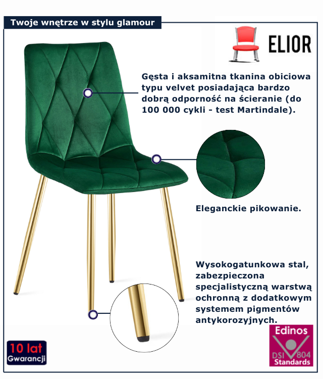 Ciemnozielone pikowane krzesło do jadalni Zeloti
