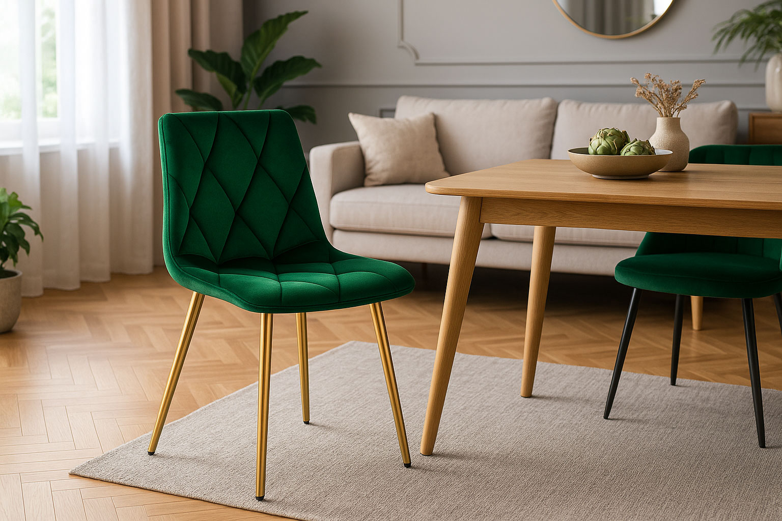 Ciemnozielone aksamitne krzesło na złotych nogach Zeloti w przykładowej aranżacji