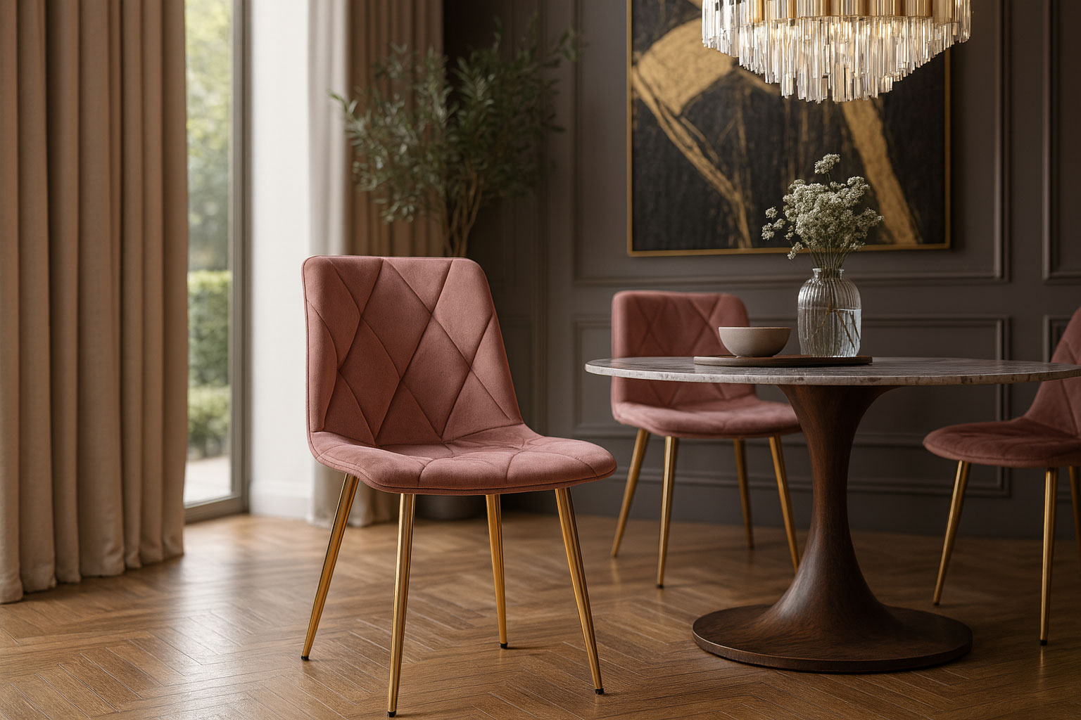 Wnętrze z wykorzystaniem ciemnoróżowego krzesła na złotych nogach Zeloti