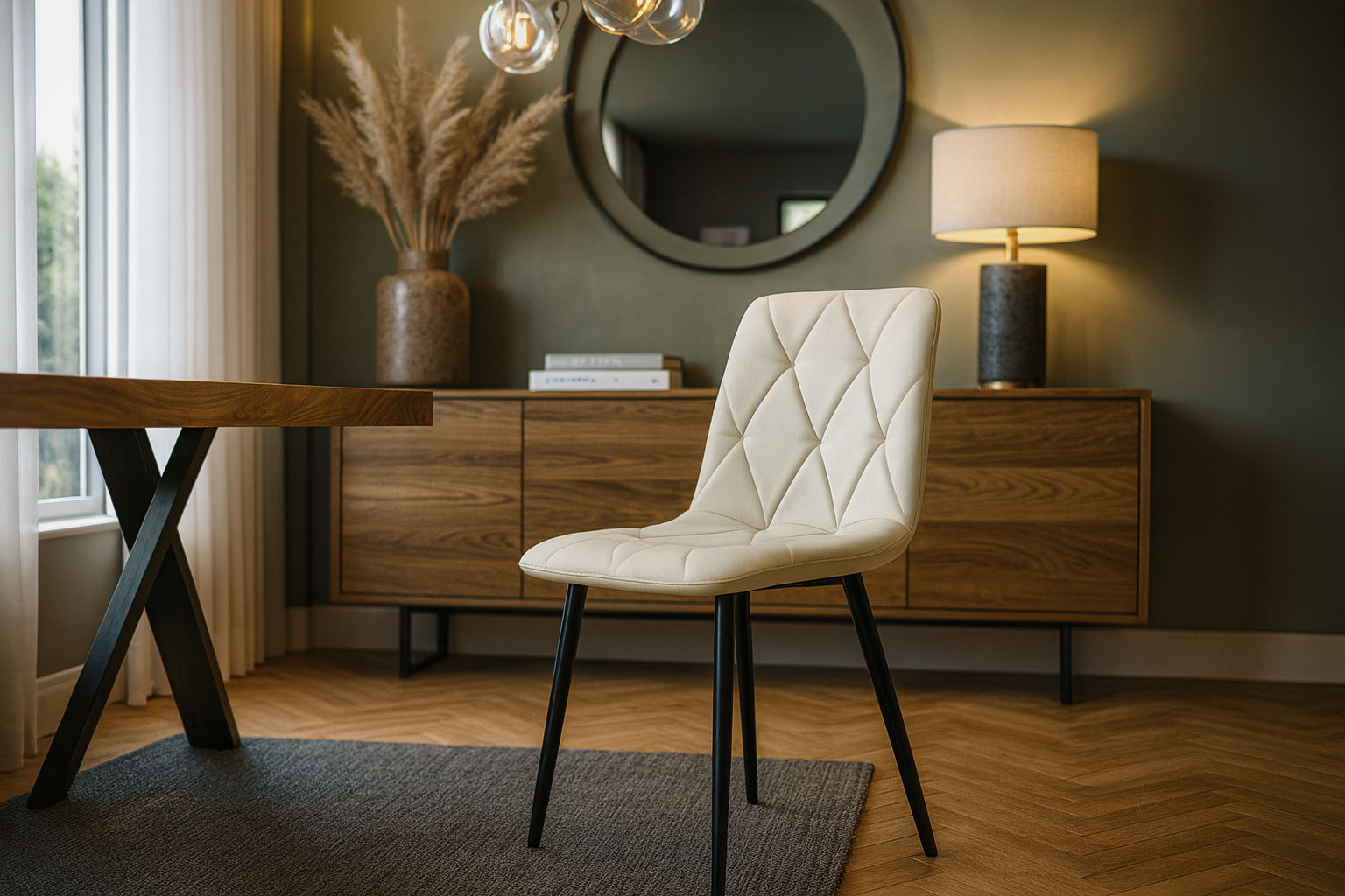 Wnętrze z wykorzystaniem beżowego krzesła tapicerowanego Teribis 3X