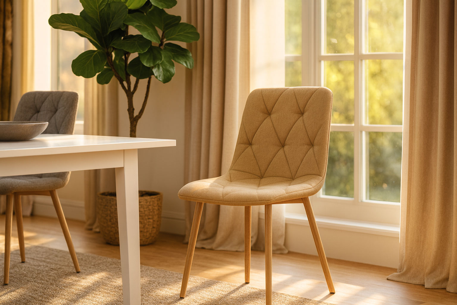 Wnętrze z wykorzystaniem brązowego krzesła tapicerowanego tkaniną Teribis 4X