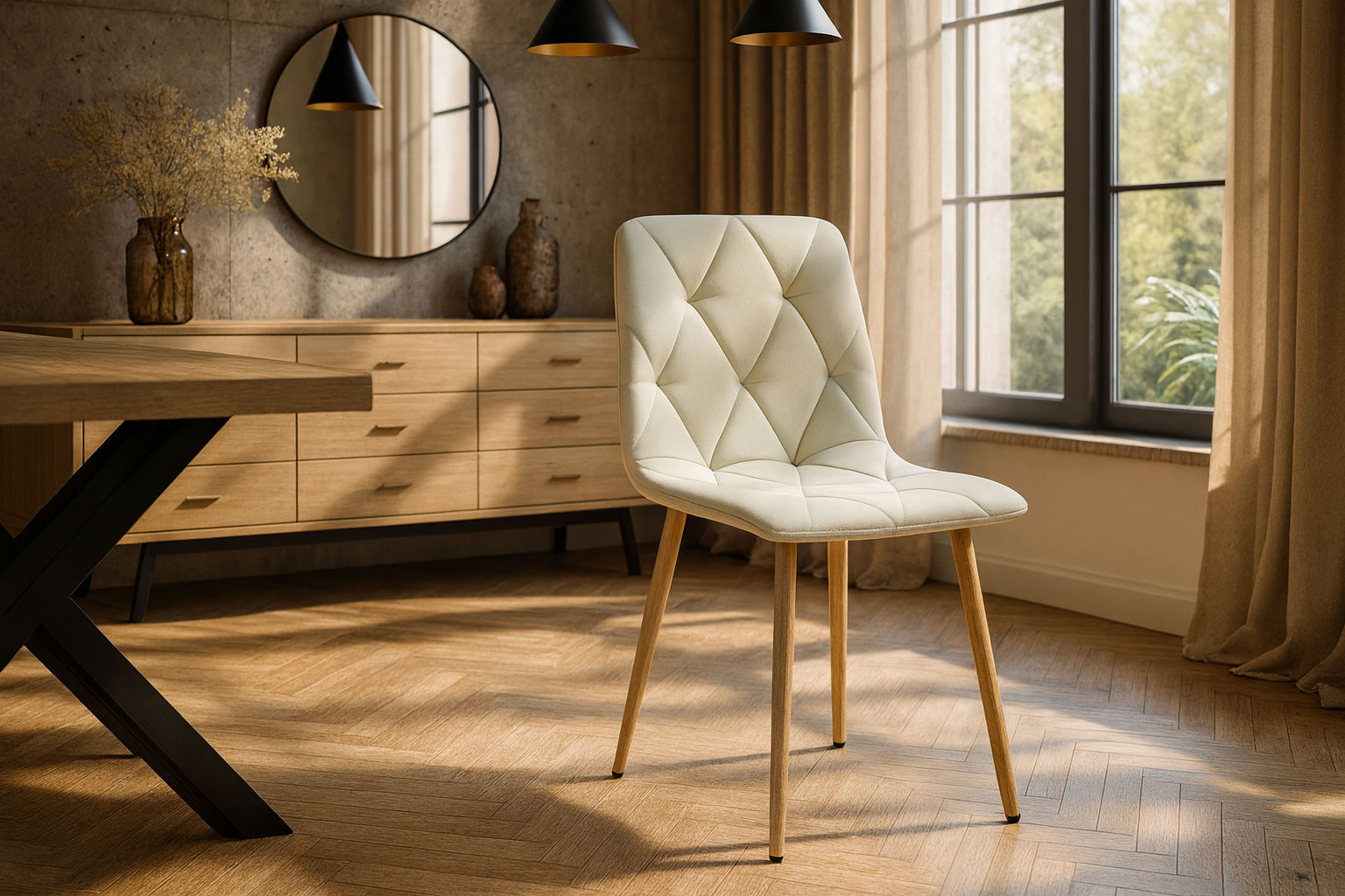 Salon z wykorzystaniem beżowego krzesła tapicerowanego tkaniną Teribis 4X