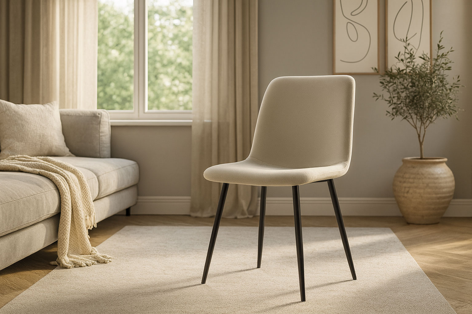 Przykładowa aranżacja z beżowym krzesłem tapicerowanym Ruttis 3X