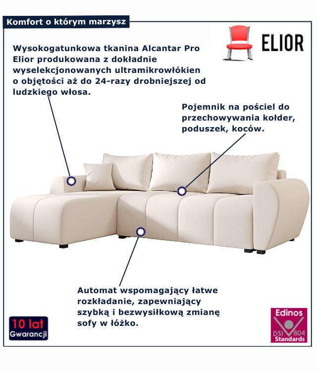 Kremowy narożnik z funkcją spania Velmores 3X