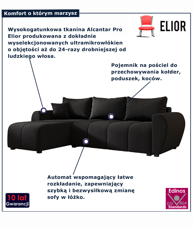 Czarny narożnik z funkcją spania Velmores 3X