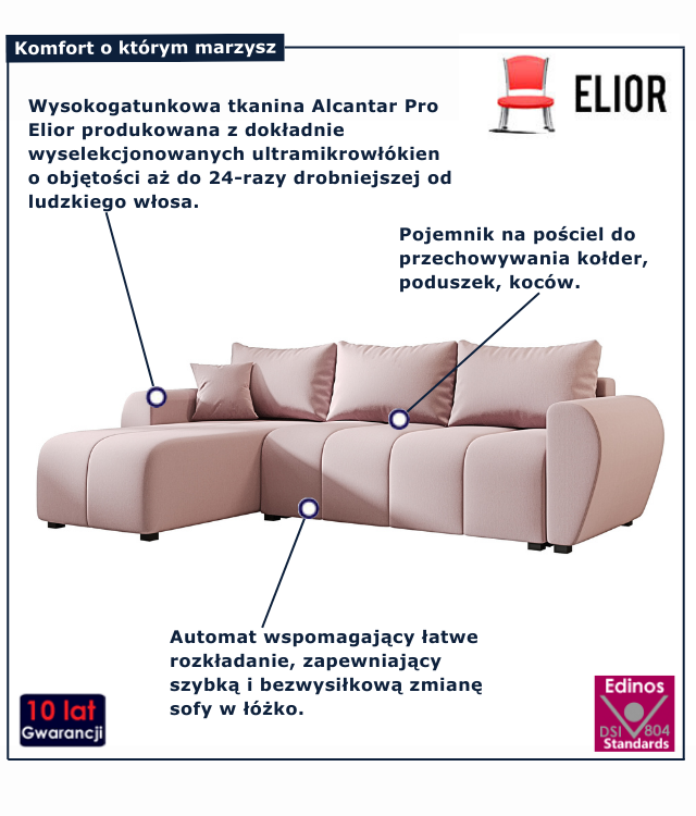 Różowy narożnik z funkcją spania Velmores 3X