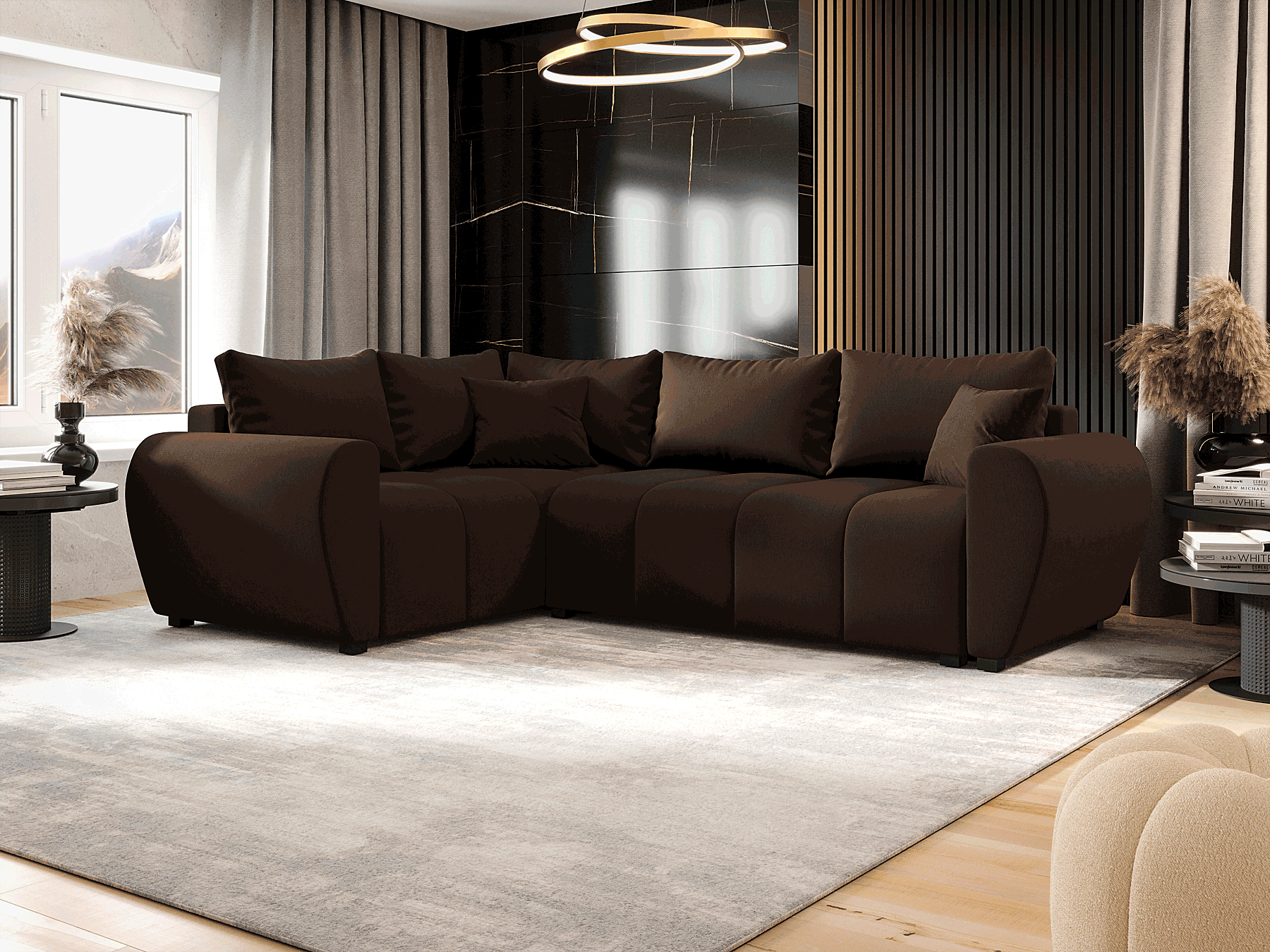 Wizualizacja wnętrza z brązowym narożnikiem Dameno 3X