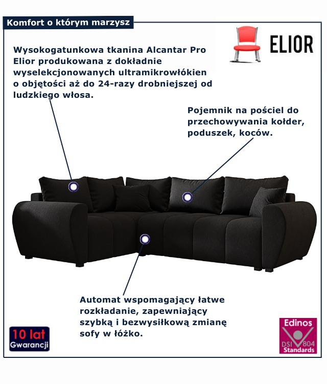 Czarny narożnik z funkcją spania Dameno 3X