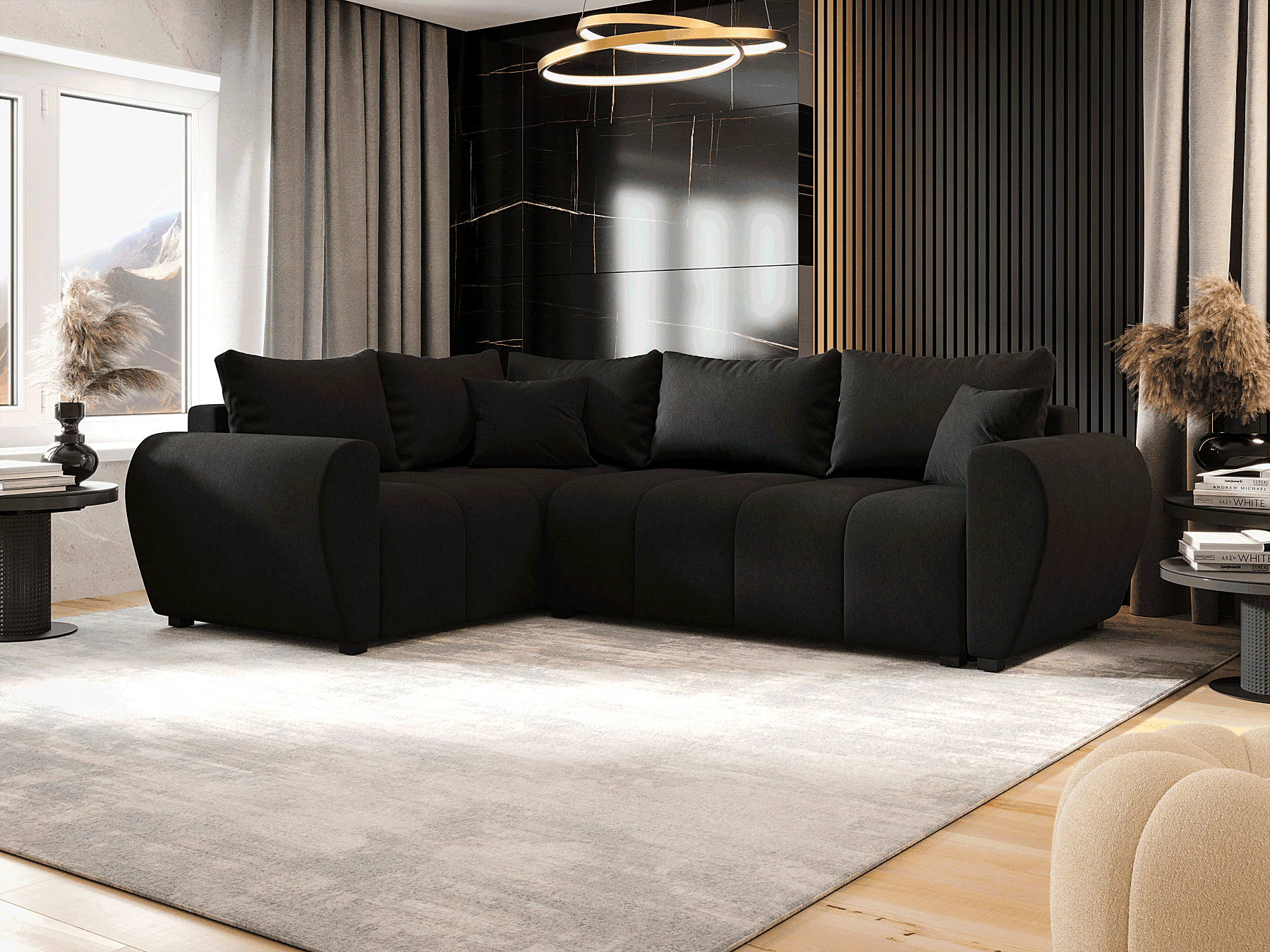 Wizualizacja wnętrza z czarnym narożnikiem Dameno 3X