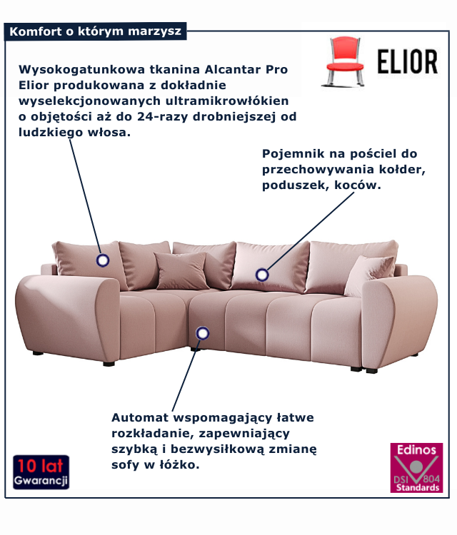 Różowy narożnik z funkcją spania Dameno 3X