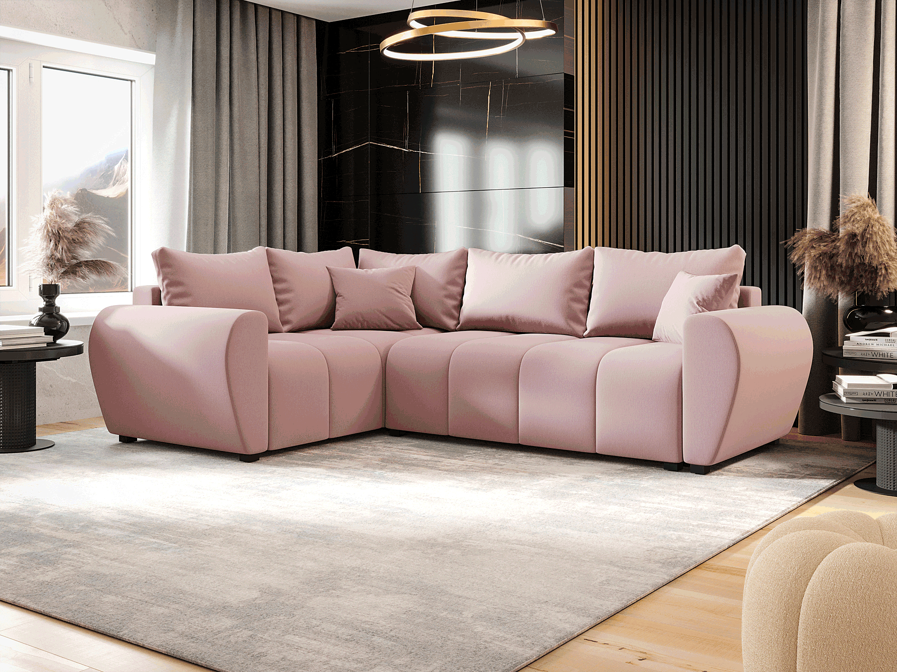 Wizualizacja wnętrza z różowym narożnikiem Dameno 3X