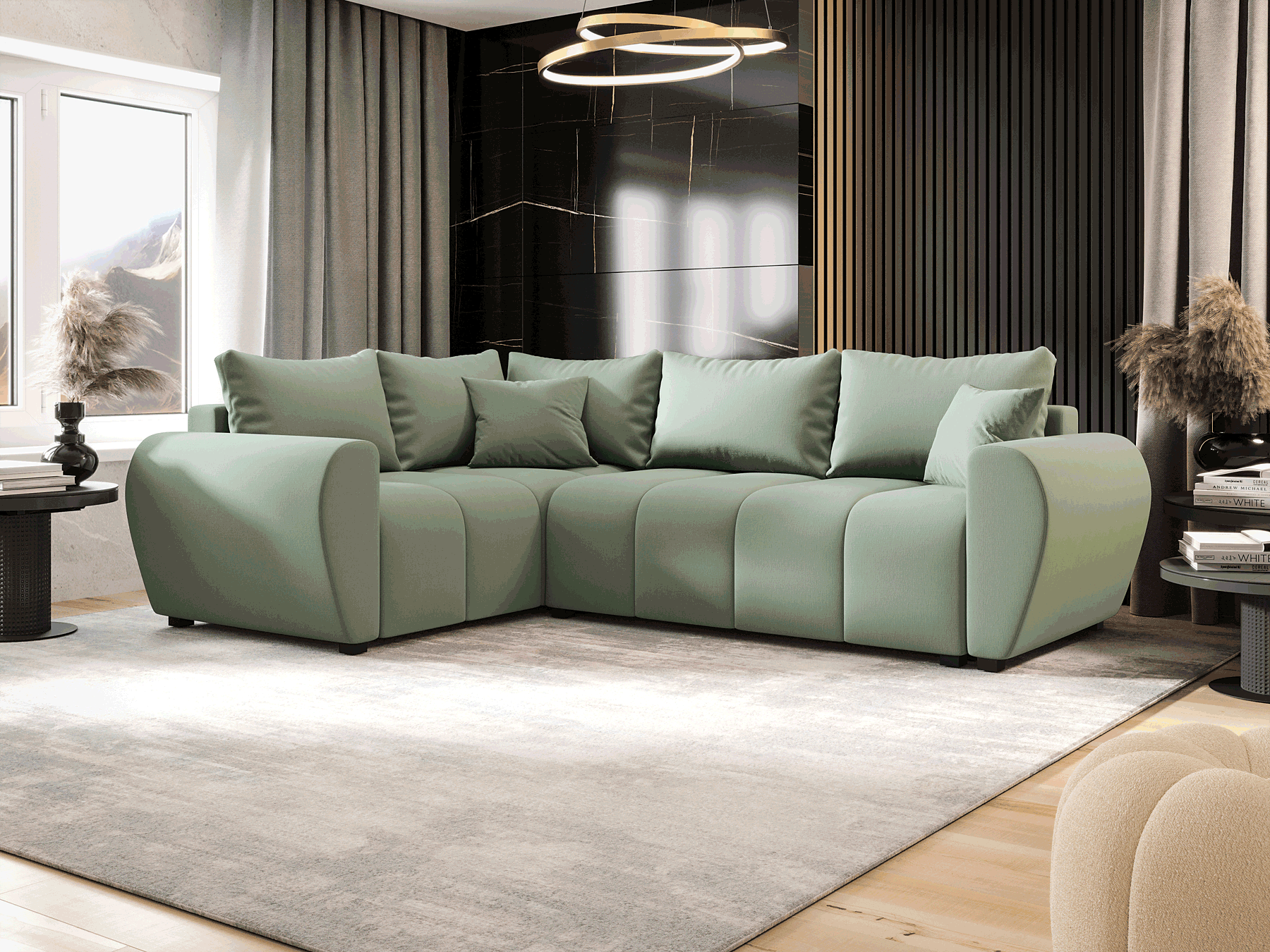 Wizualizacja wnętrza z zielonym narożnikiem Dameno 3X