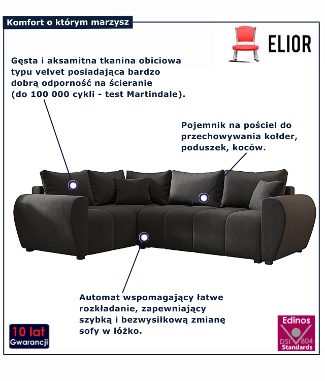 Ciemnoszary narożnik z funkcją spania Dameno 3X