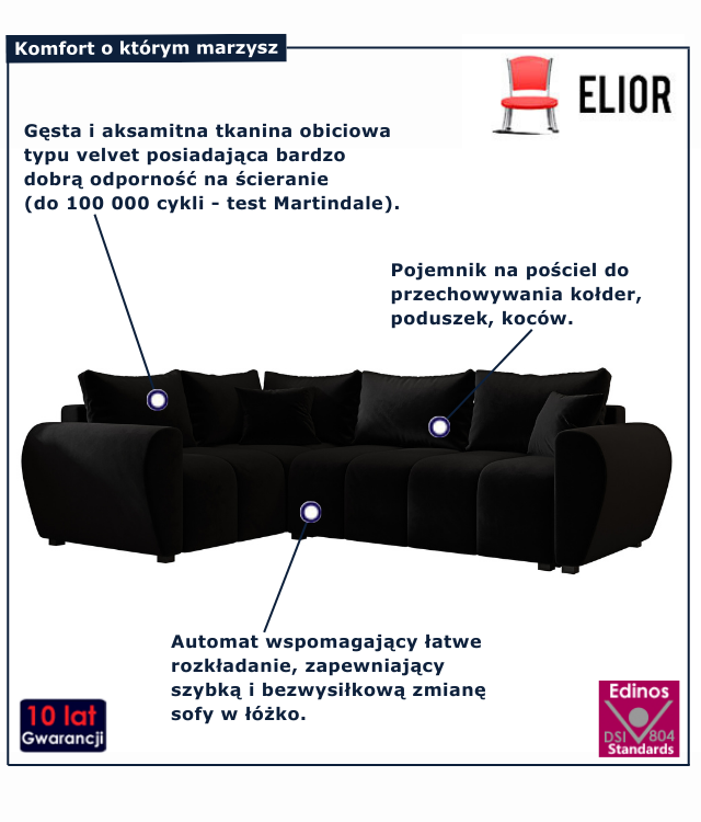 Czarny narożnik z funkcją spania Dameno 3X