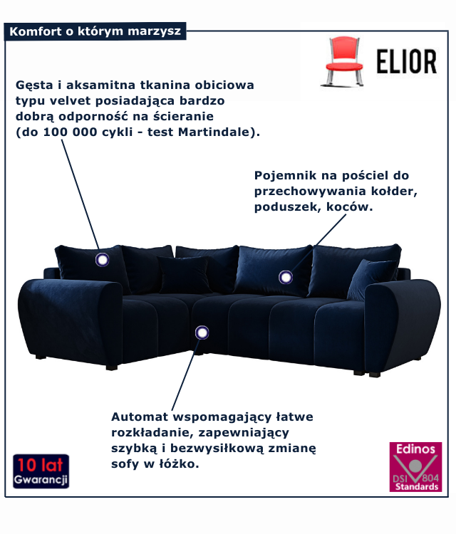 Granatowy narożnik z funkcją spania Dameno 3X