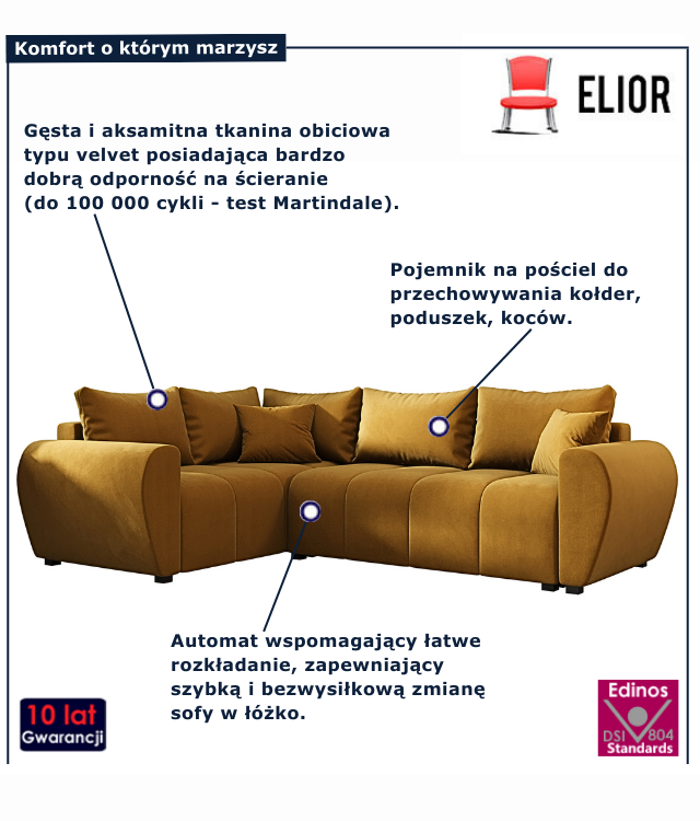 Musztardowy narożnik z funkcją spania Dameno 3X