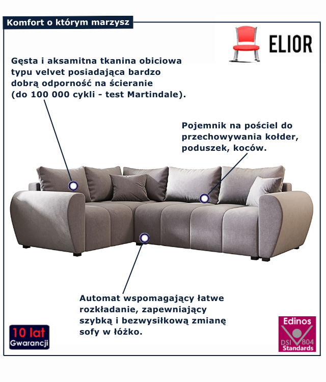 Szary narożnik z funkcją spania Dameno 3X