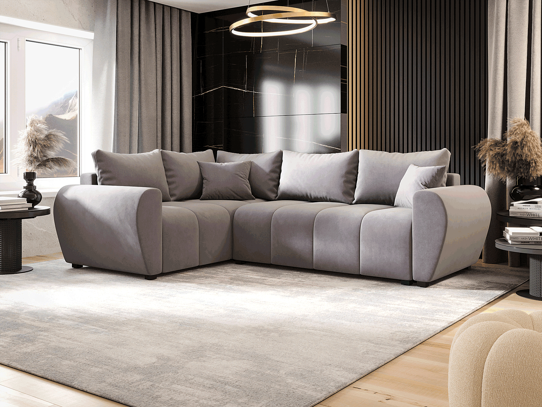 Wizualizacja wnętrza z szarym narożnikiem Dameno 3X