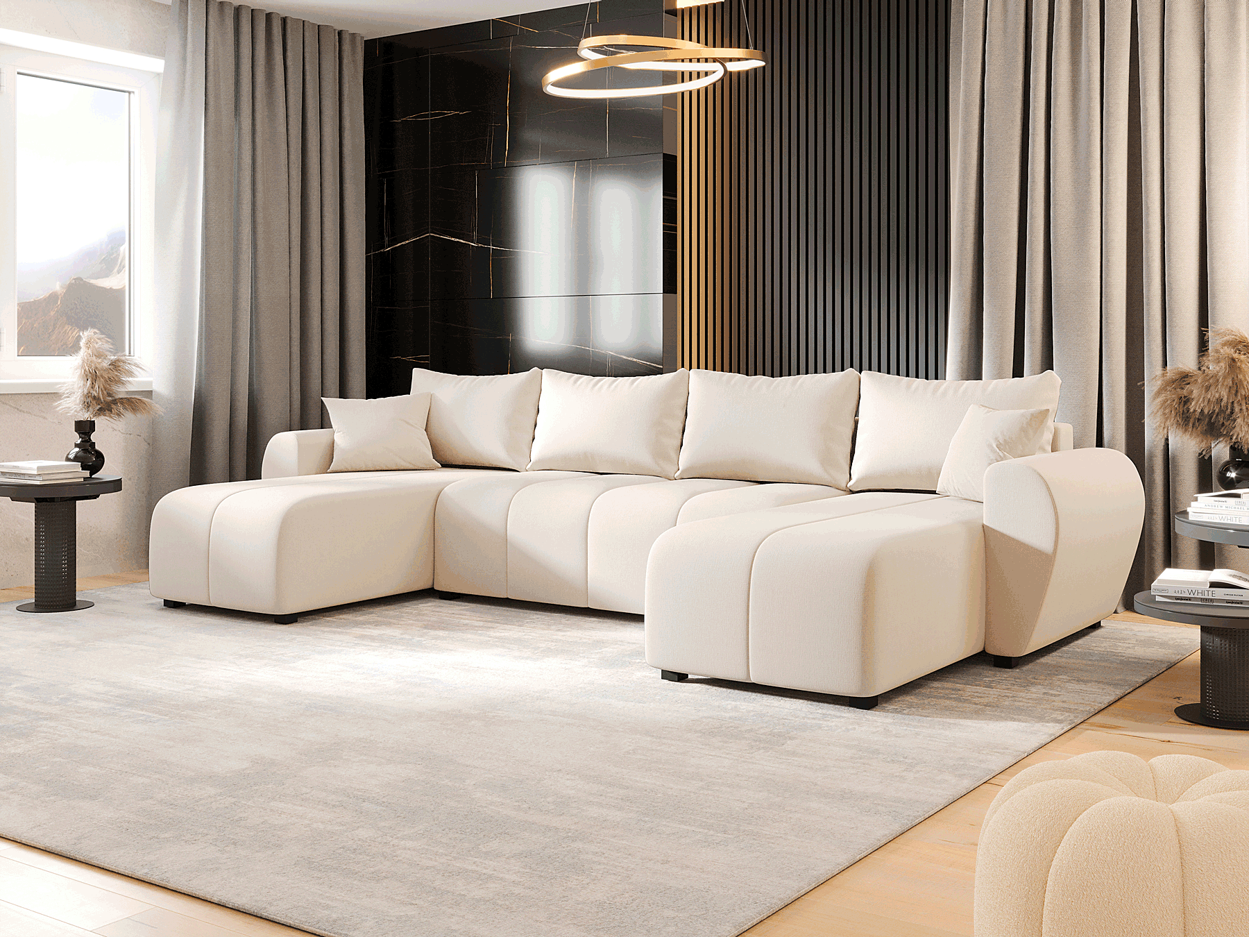 Wizualizacja wnętrza z kremowym narożnikiem Aurelix 3X