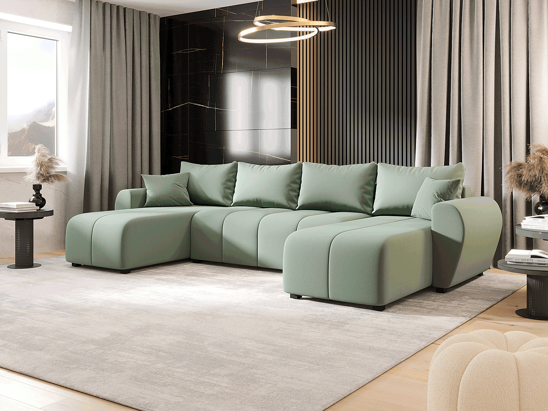 Wizualizacja wnętrza z zielonym narożnikiem Aurelix 3X