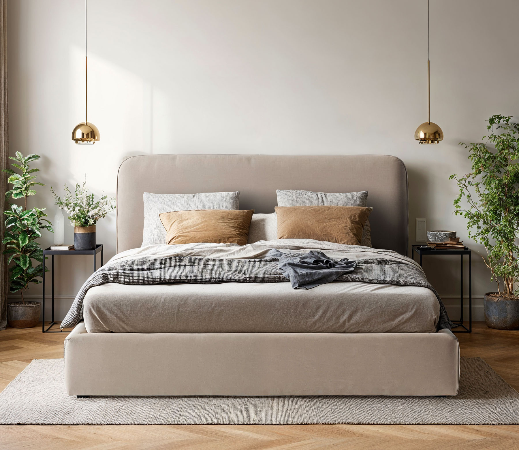 Nowoczesna sypialnia z wykorzystaniem łóżka Pesconi w kolorze beżowym