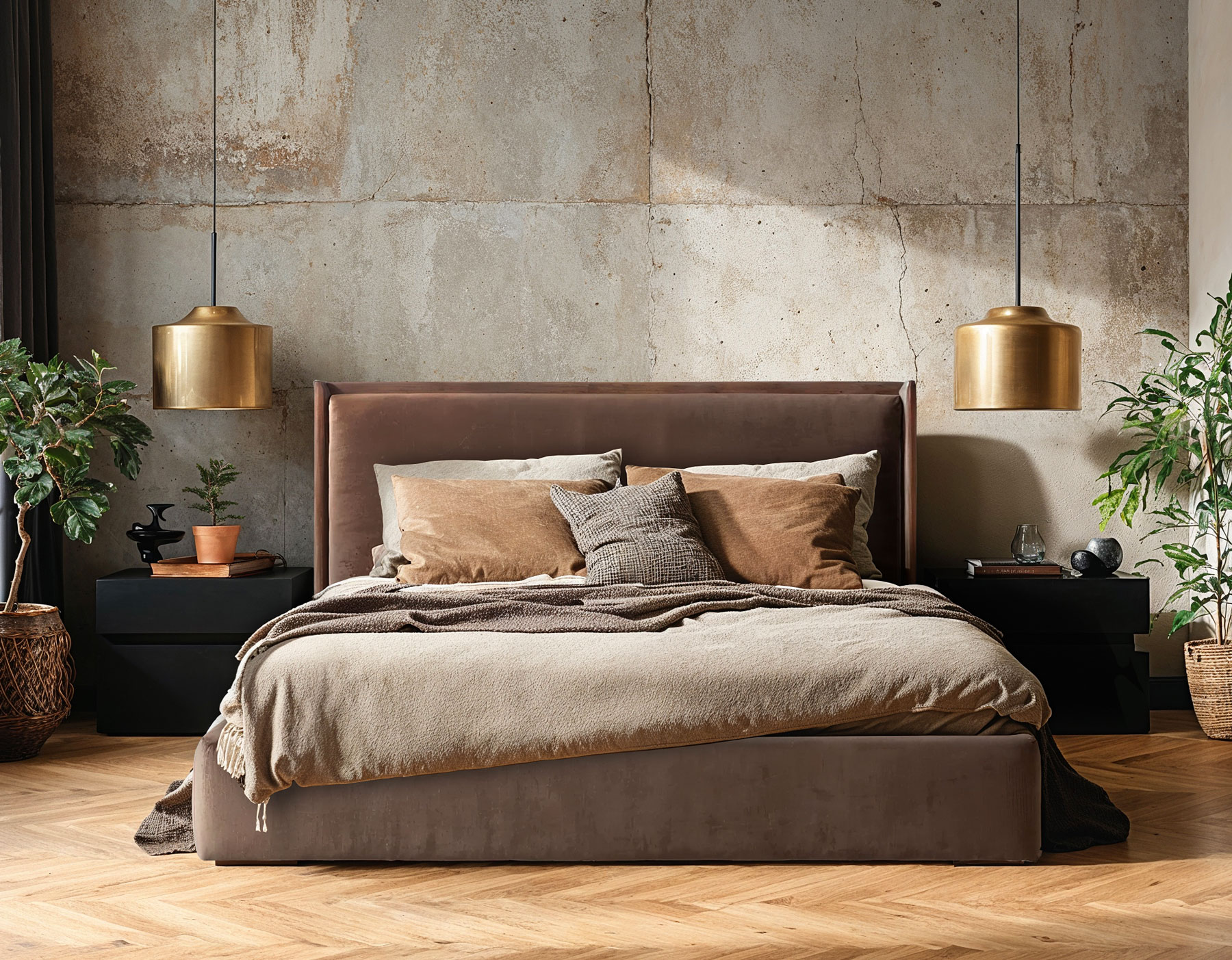 Przykładowa aranżacja z wykorzystaniem łóżka tapicerowanego welurowego Dassoni w kolorze brązowym