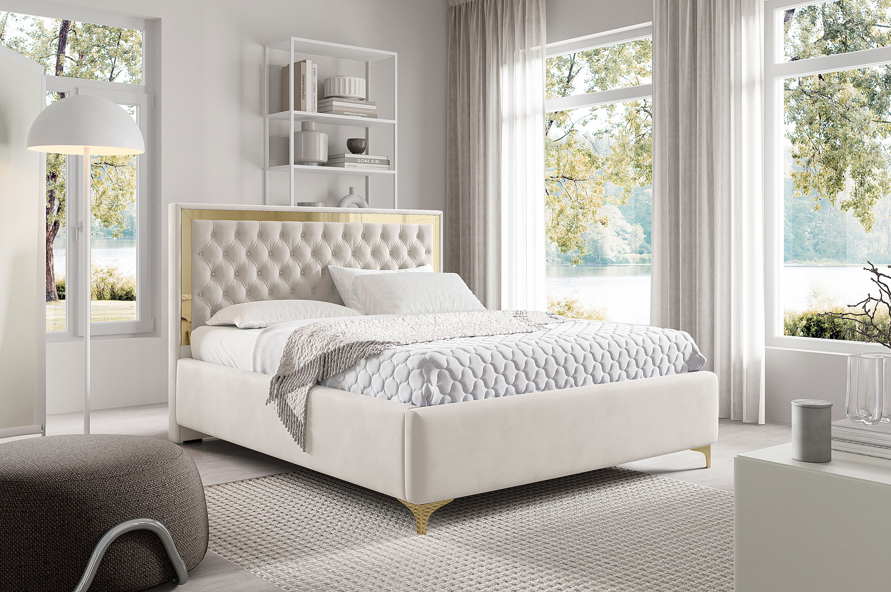 Aranżacja wnętrza z białym łóżkiem Mardano