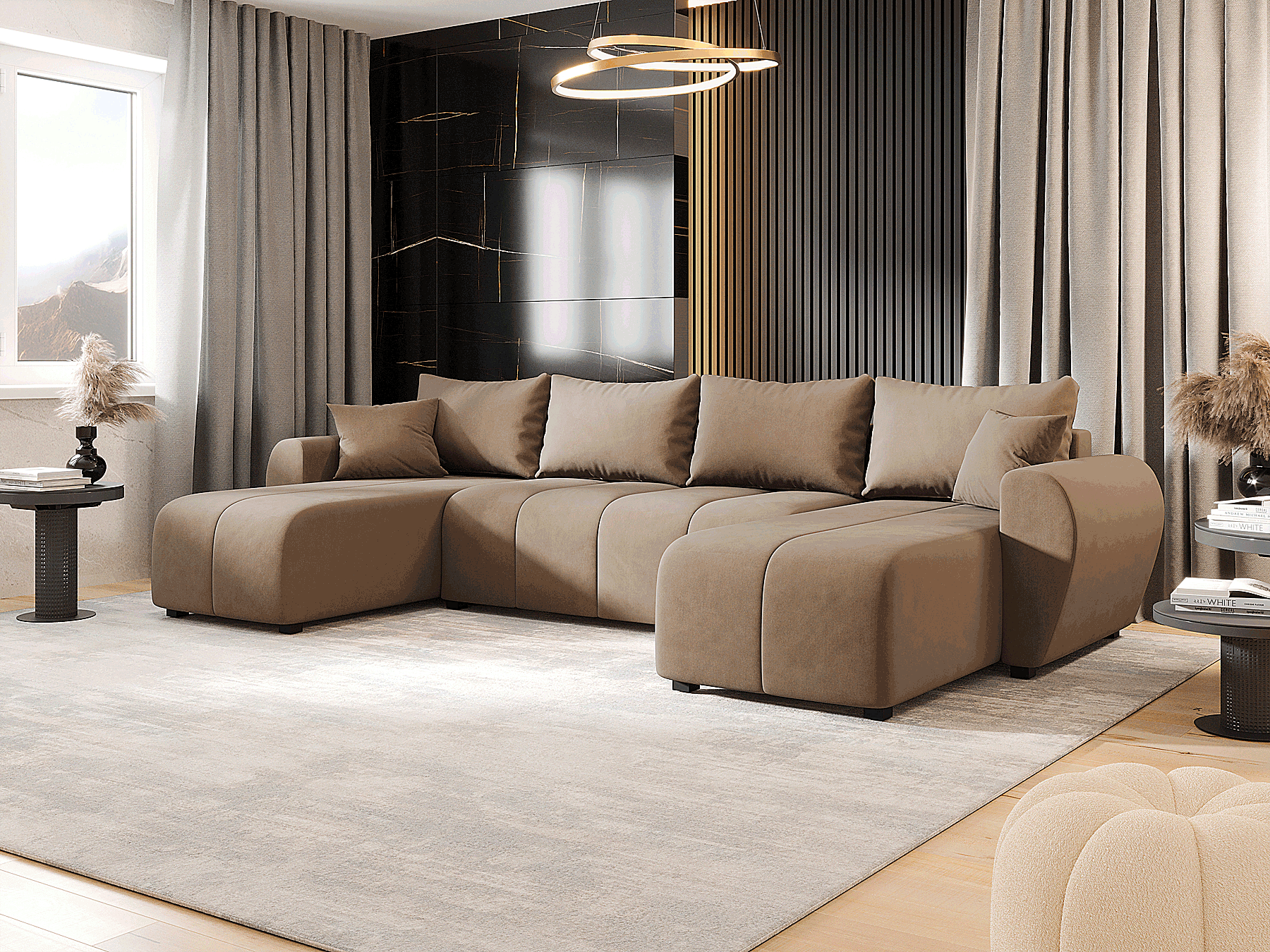 Wizualizacja wnętrza z beżowym narożnikiem Aurelix 4X