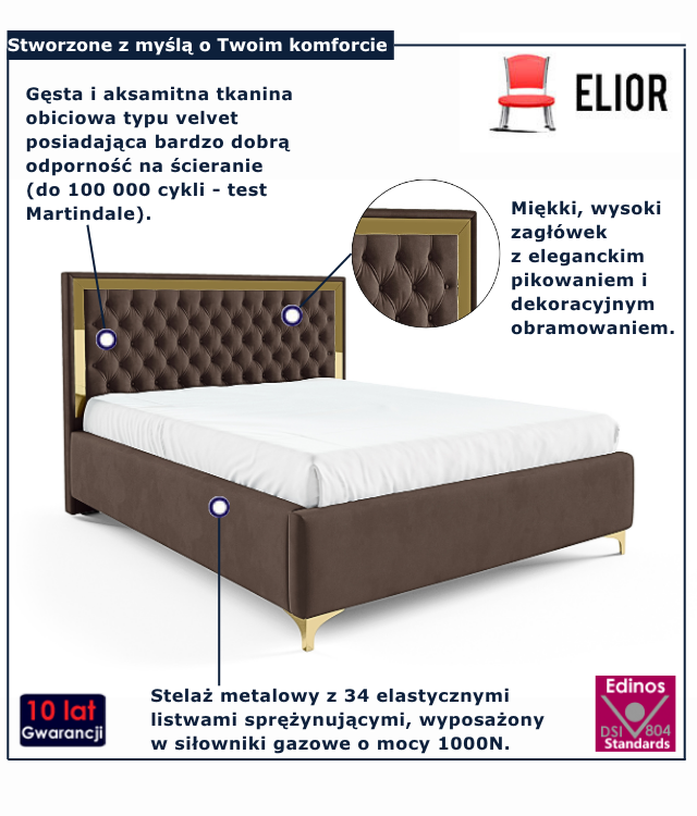 Brązowe łóżko z pikowanym zagłówkiem Mardano