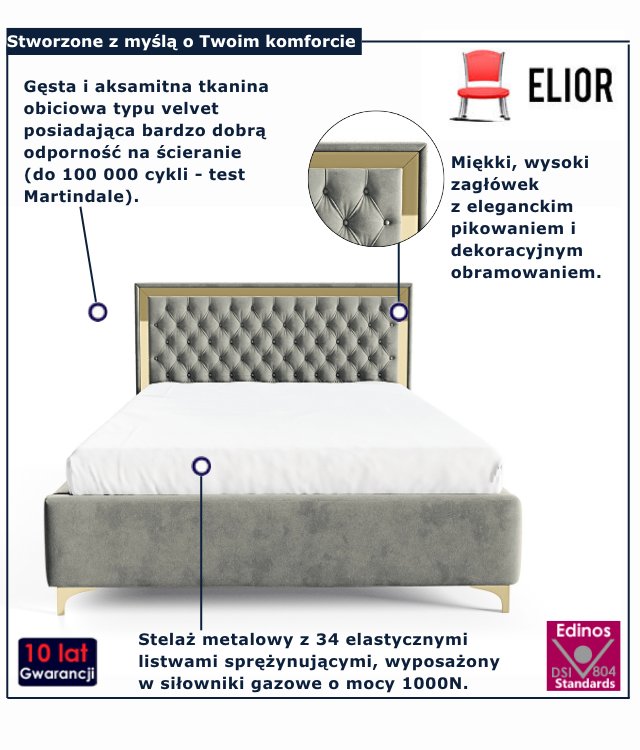 Szare łóżko z pikowanym zagłówkiem Mardano