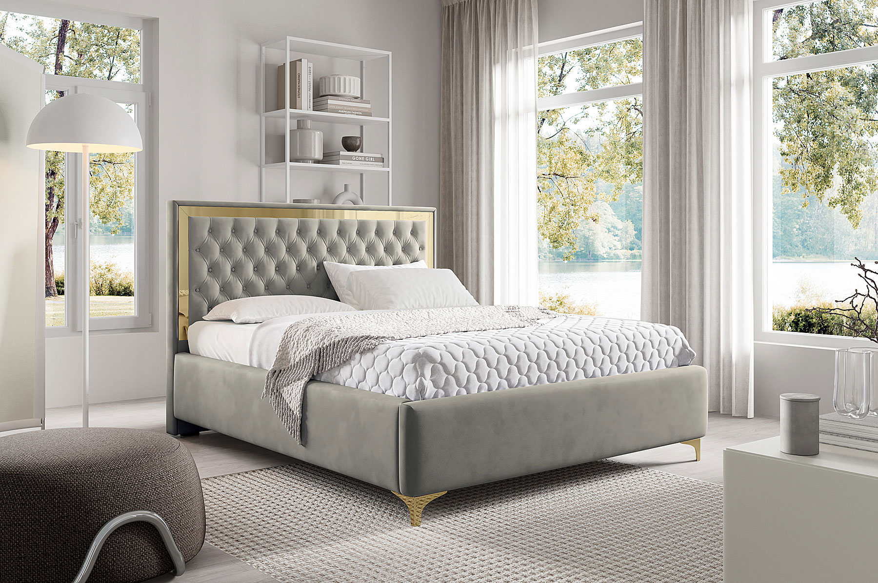 Aranżacja wnętrza z szarym łóżkiem Mardano