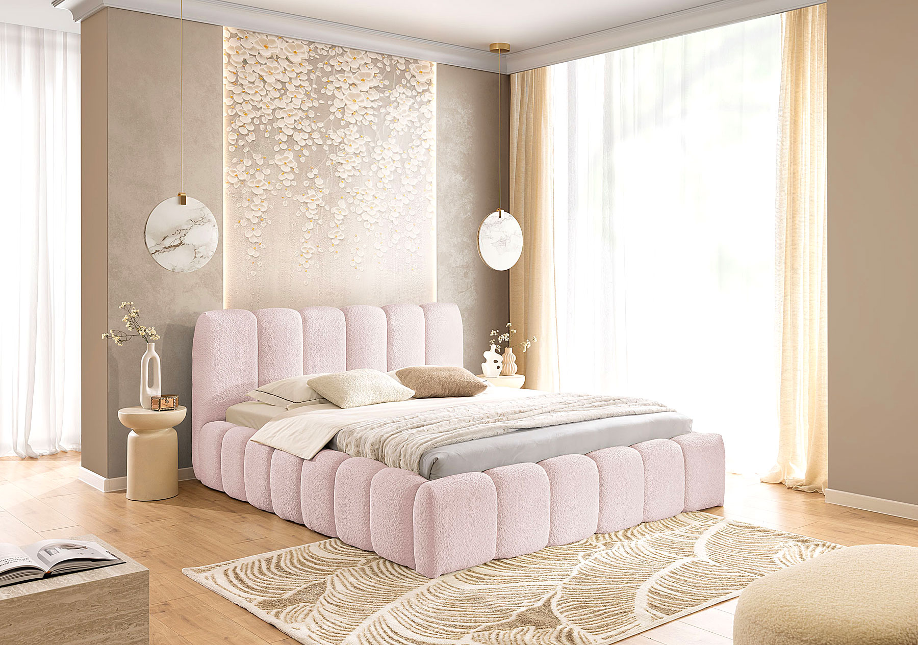 Aranżacja wnętrza z różowym łóżkiem Nuviano