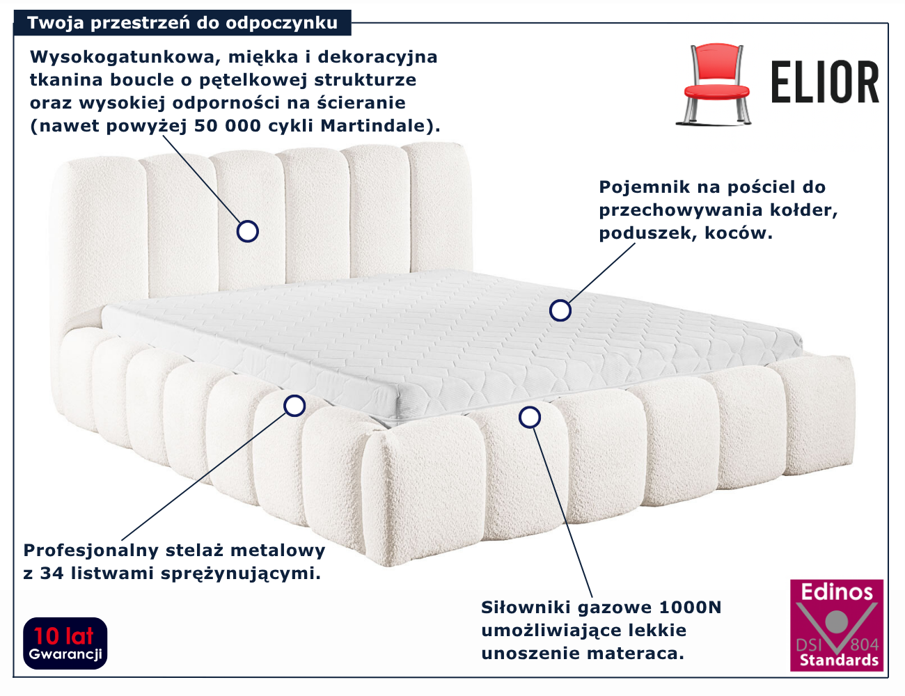 Białe łóżko chmurka tapicerowane tkaniną boucle Nuviano