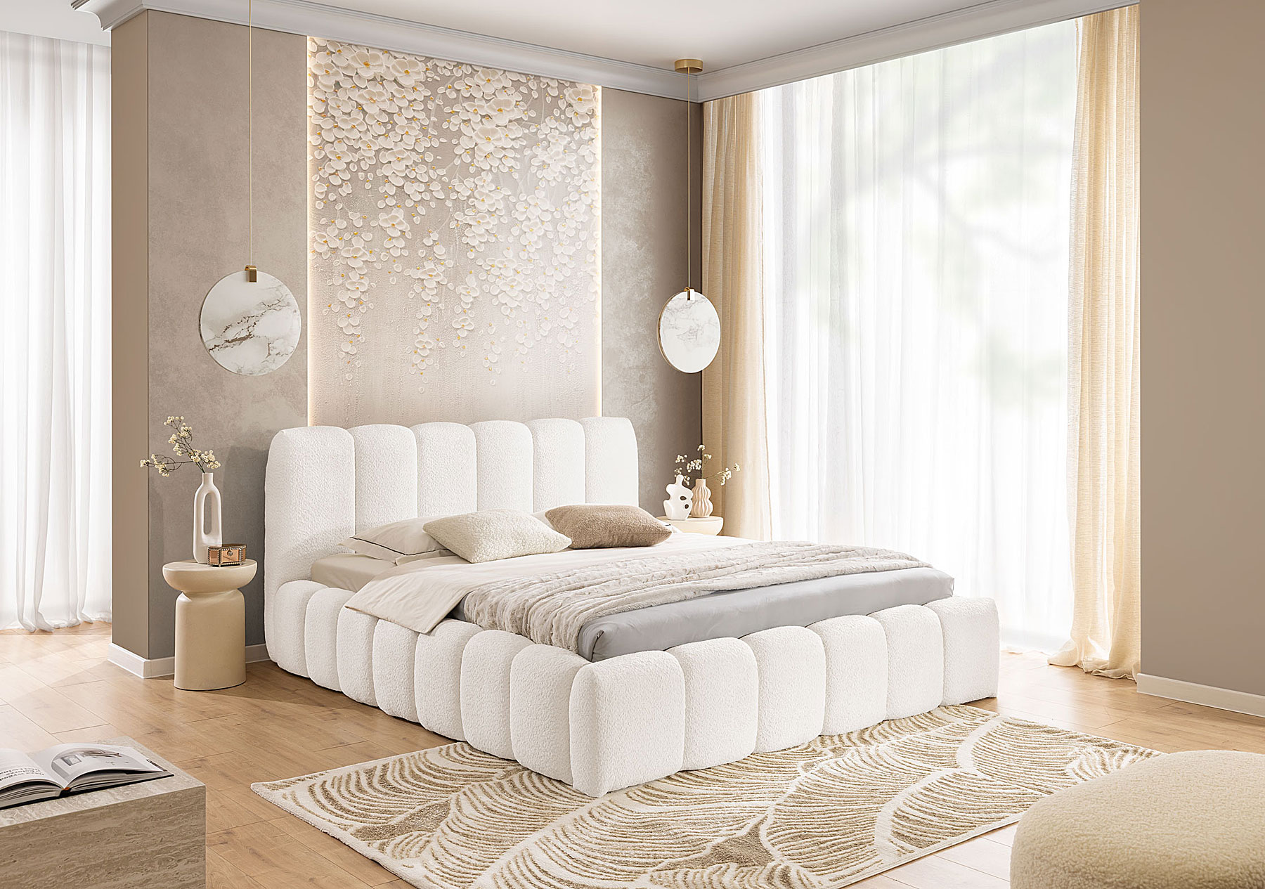 Aranżacja wnętrza z białym łóżkiem Nuviano