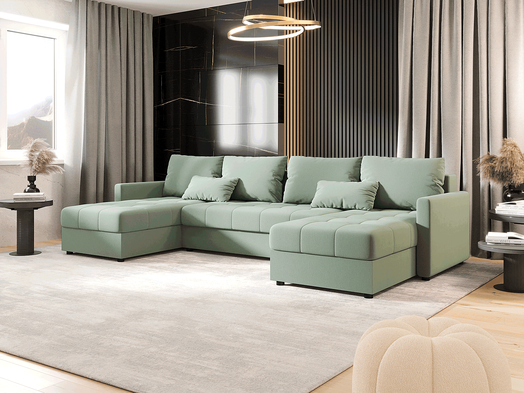 Wizualizacja wnętrza z zielonym narożnikiem Ferrano 3X