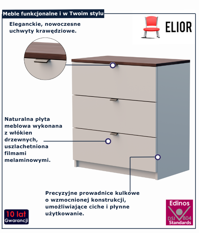 Kaszmirowa komoda do salonu z orzechowym blatem Felicco 3X