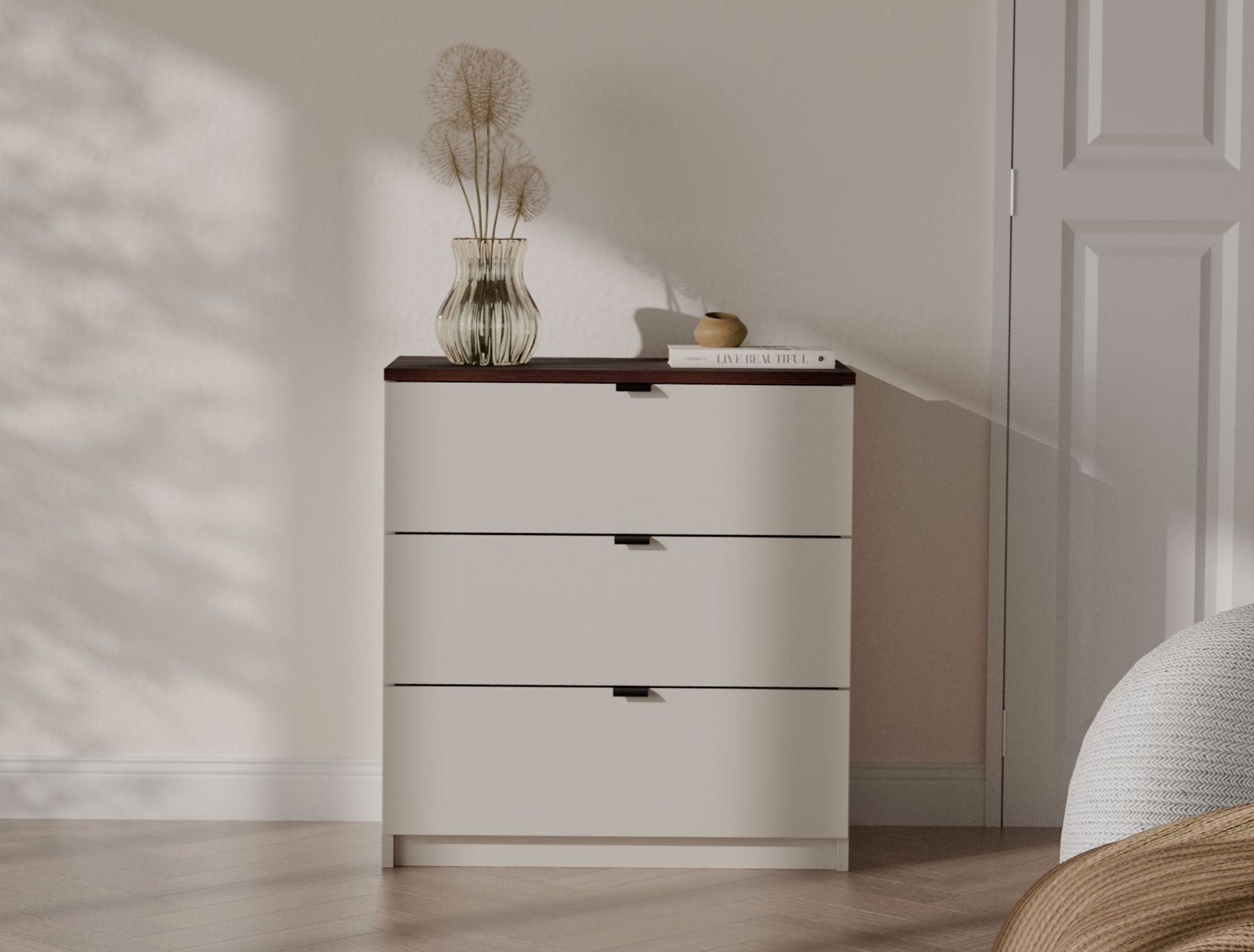 Wnętrze z wykorzystaniem komody z szufladami Felicco 3X kaszmir + orzech