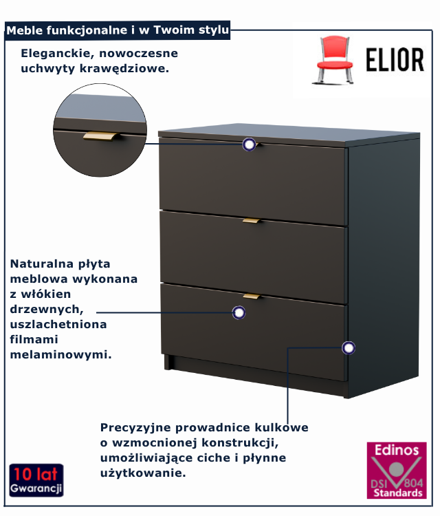 Czarna komoda glamour z 3 szufladami Felicco 4X