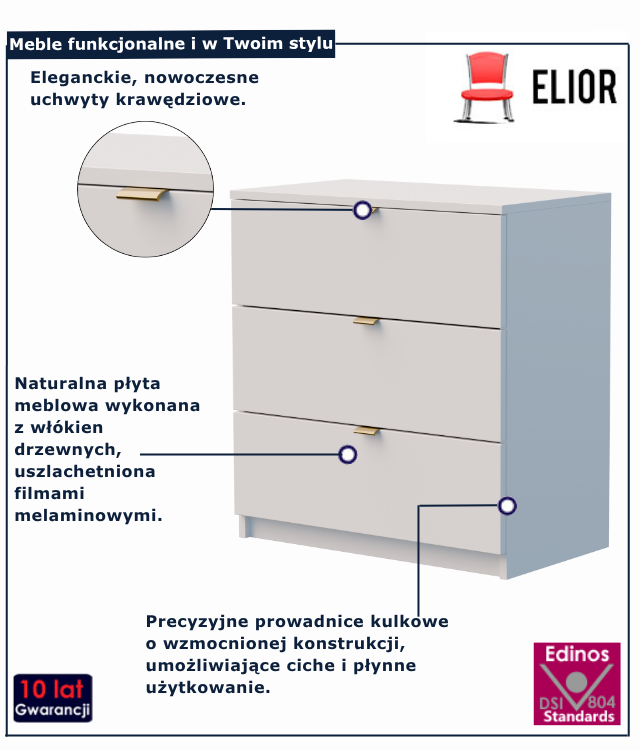 Biała komoda glamour z 3 szufladami na ubrania Felicco 4X