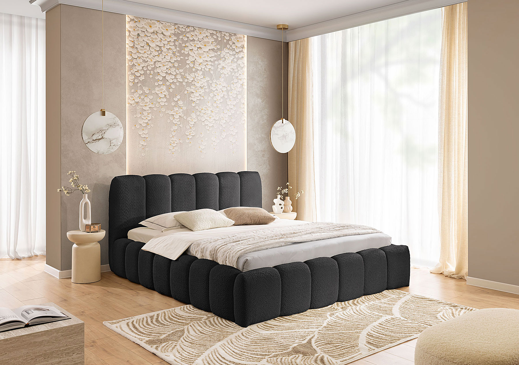 Aranżacja wnętrza z czarnym łóżkiem Nuviano