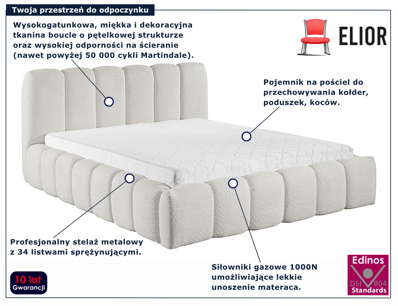 Jasnoszare łóżko chmurka tapicerowane tkaniną boucle Nuviano