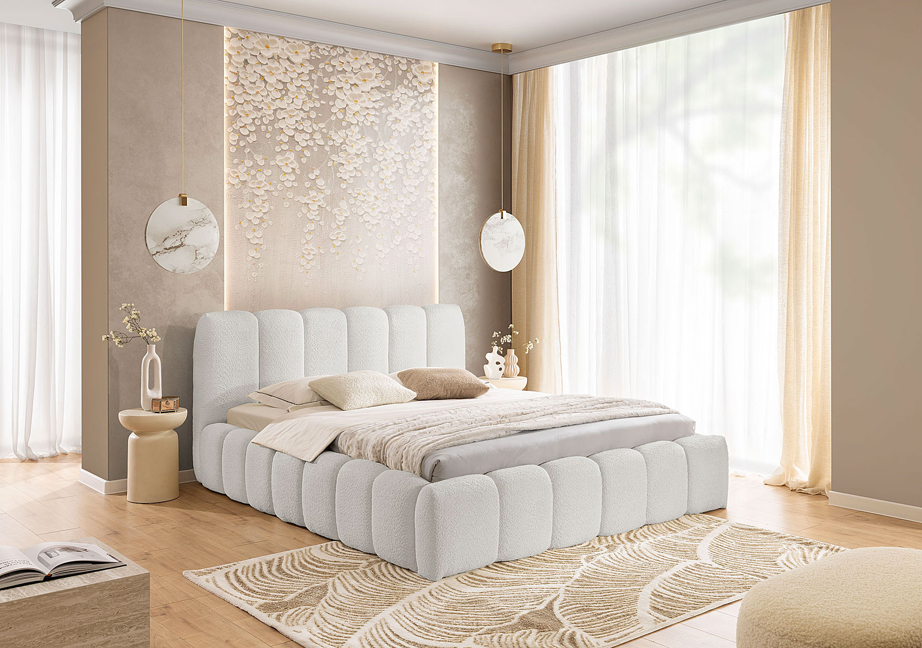 Aranżacja wnętrza z jasnoszarym łóżkiem Nuviano